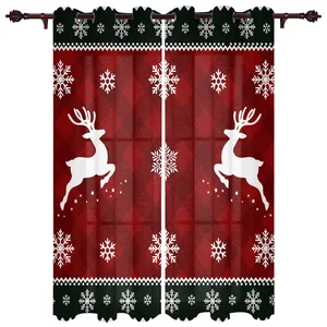 Christmas, Snowflakes, Elk, Red Plaid Curtains Living Room Curtains Living Room Curtains Set Curtains For Bedroom