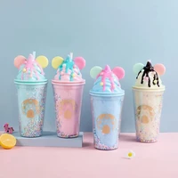 ice cream sippy cup cute korean plastic water bottle with lid straw and cat ears a solid durable double decker summer ice cup