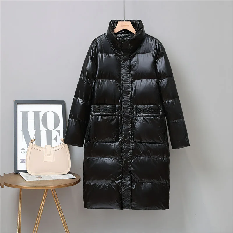 New Winter Stand Collar Long Feather Jacket Women 90% White Duck Down Coat Casual Loose Parker Snow Fluffy Warm Outwear s1349