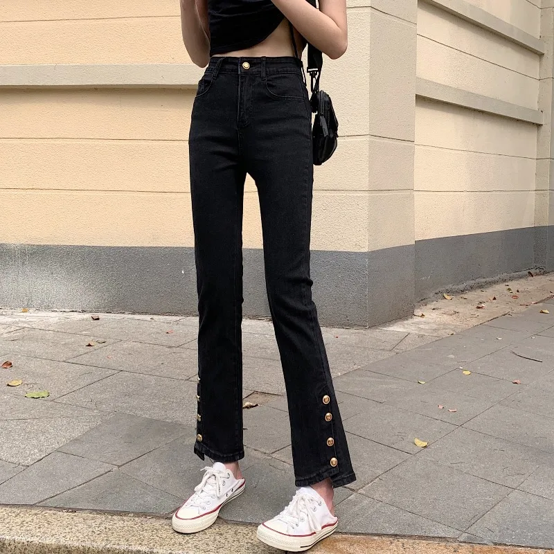 

Брюки женские из денима с высокой талией, модные Универсальные облегающие брюки с широкими штанинами, для студентов