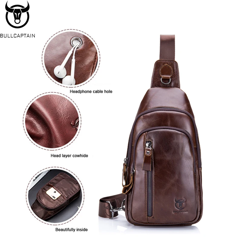 BULLCAPTAIN Men's Leather Shoulder Crossbody Chest Bag Head Layer Cowhide Fashion Multifunctional Sports Casual Chest Bag