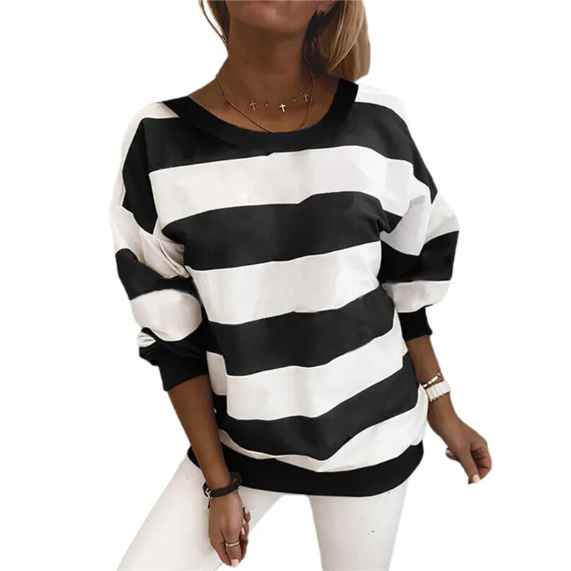 

Autumn Striped Sweatshirt Crew Neck Women Long Sleeve Female Elegant Retro Pullover Hoodie Streetwear Casual Ladies Sweatshirts