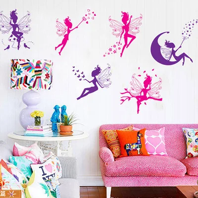 

Elegant Flower Fairy with Wings Wall Sticker Colorful Butterfly Wall Decal Romantic Home Decor for Kid's Living Room Wallpaper