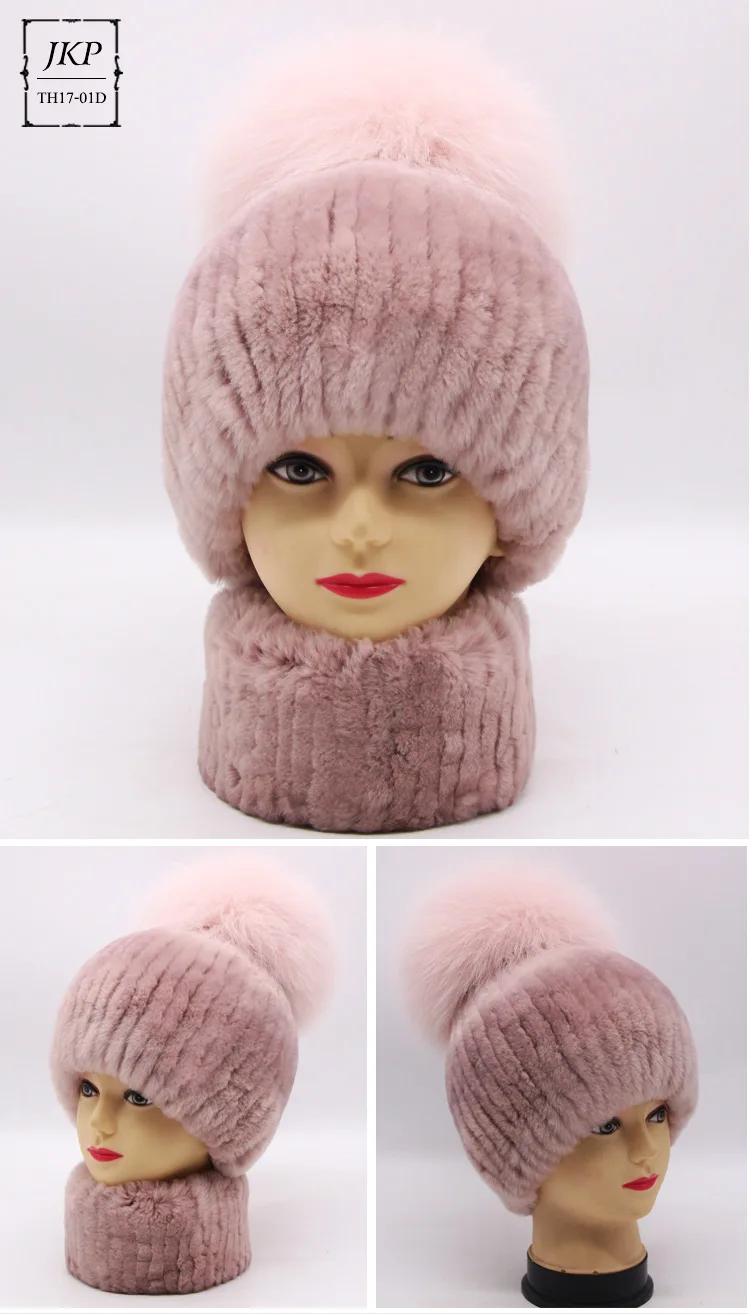 Rex rabbit fur hat female winter fox fur ball thick warm knitted earmuff wool cap