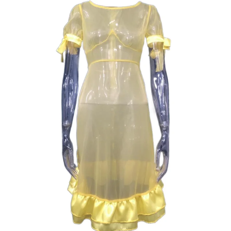 

Dress for Women 2021 Summer O Neck Lace Mesh See-through Irregular Ruffled Slim Midi Dress Bandage Short Sleeve Beach Clubwear