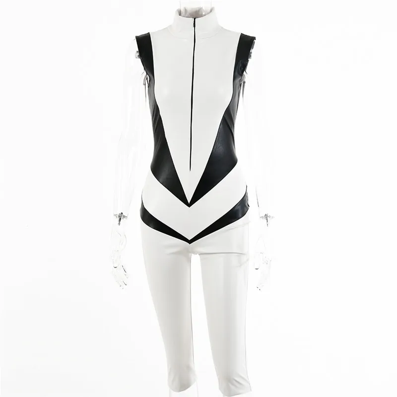

Sibybo Patchwork PU Leather Playsuit Women Sleeveless Zipper Slim Rompers Womens Jumpsuit 2021 Femme Streetwear Casual Overalls