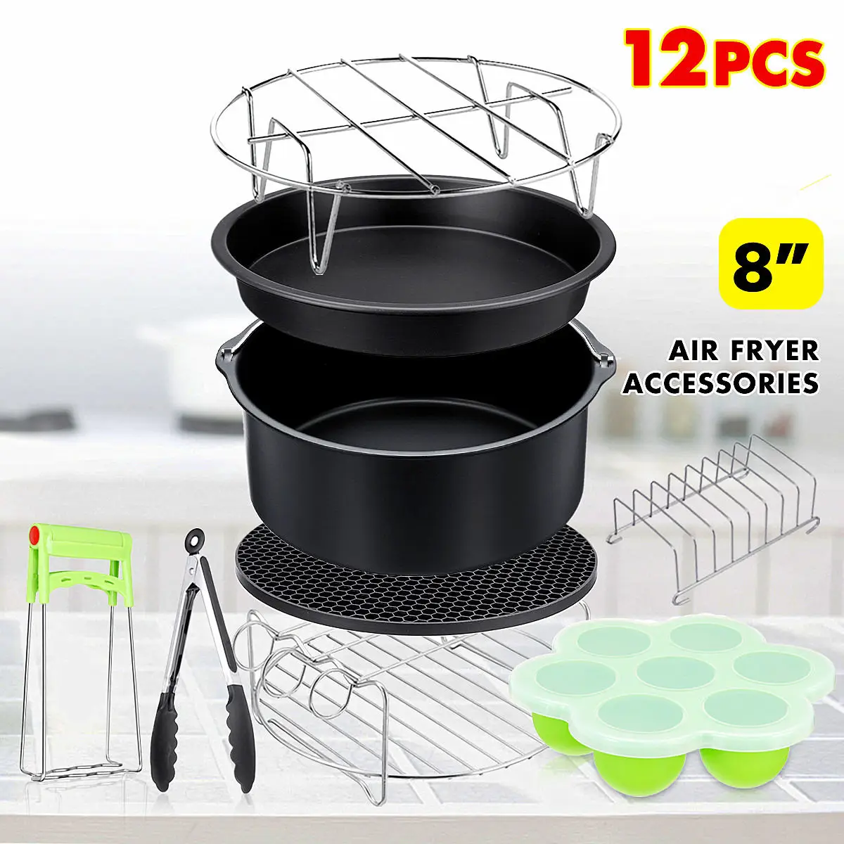 

12Pcs Air Fryer Accessories 8 Inch for 4.2-6.8QT Air Fryer Oven Baking Basket Pizza Plate Grill Pot Kitchen Cooking Tools