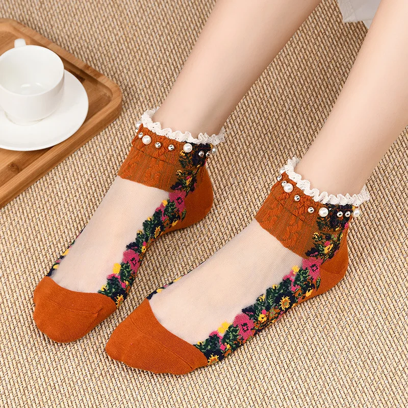 

Cute Lady Spring Summer Perspective Instep Low Tube Embroidery Flower Socks Retro Pearls Socks