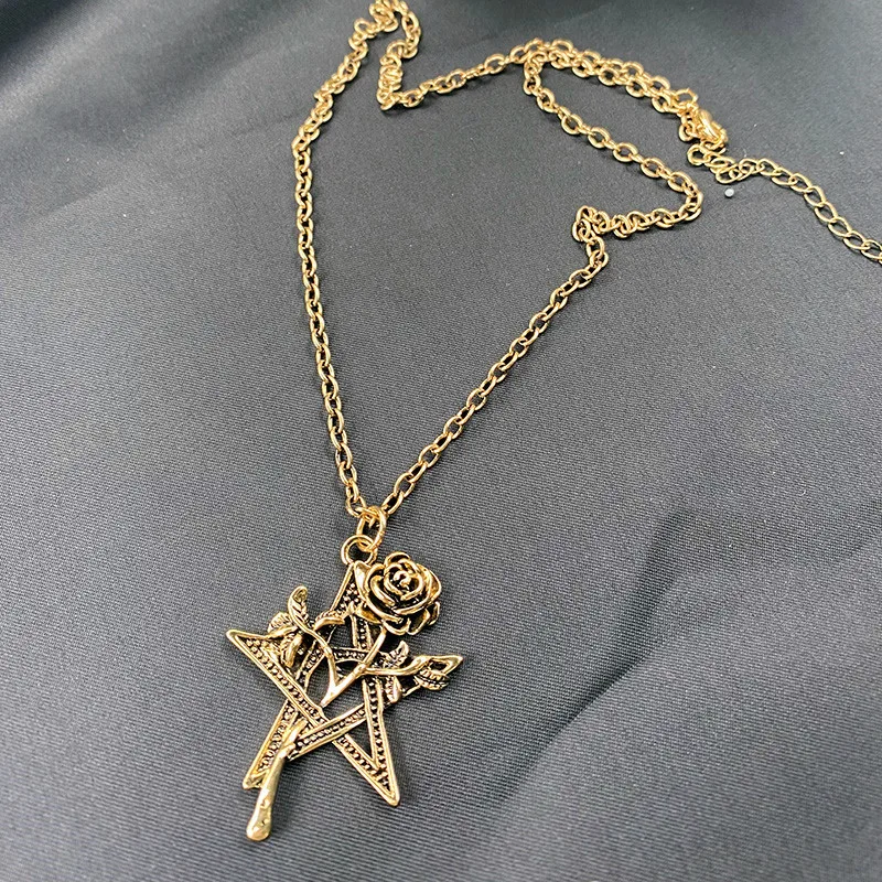 

Gothic Pentagram and Black Rose Necklace the Romance of the Black Rose Vintage Jewelry Black Rose Flower Star Necklace #KI389FY3
