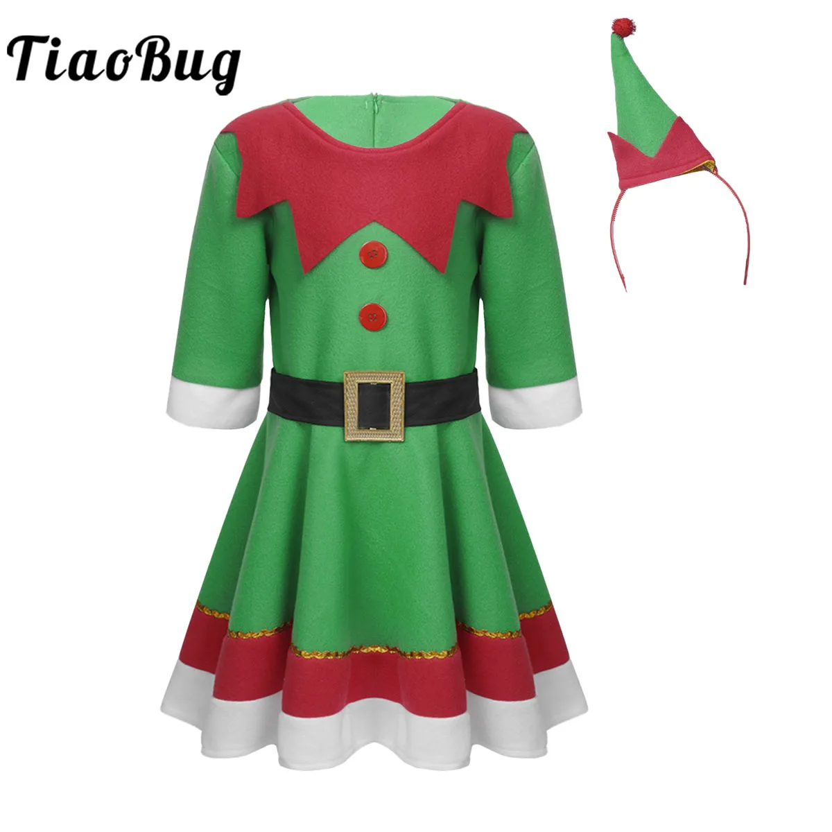 

Children Girls Christmas Elf Dress Festival Mrs Santa Claus Cosplay Costumes Sets Fairy Xmas Party Fancy Dress with Hat Green