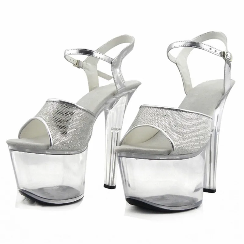 Sexy model stage high heels, 17 cm high heels sandals, transparent crystal soles banquet, dancing shoes