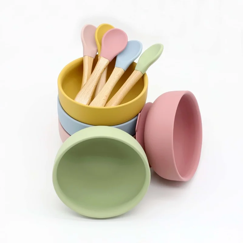 Taz&oacute;n de cuchara de madera para beb&eacute;s, suministro directo, suplemento de alimentos para beb&eacute;s, juego de vajilla de grado alimenticio, taz&oacute;n con ventosa fuerte de silicona, 2 uds.-4