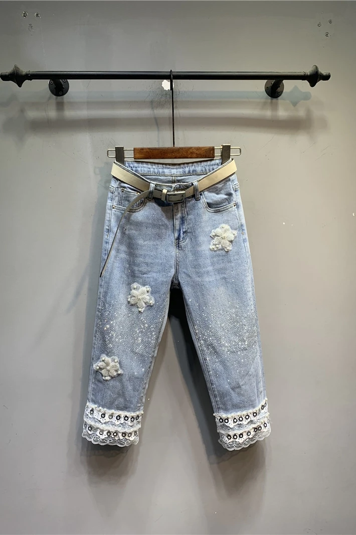 

2021 Spring and Autumn European Lace Stitching Rhinestone Cropped Jeans Women's Sweet High Waist Baggy Straight Trousers