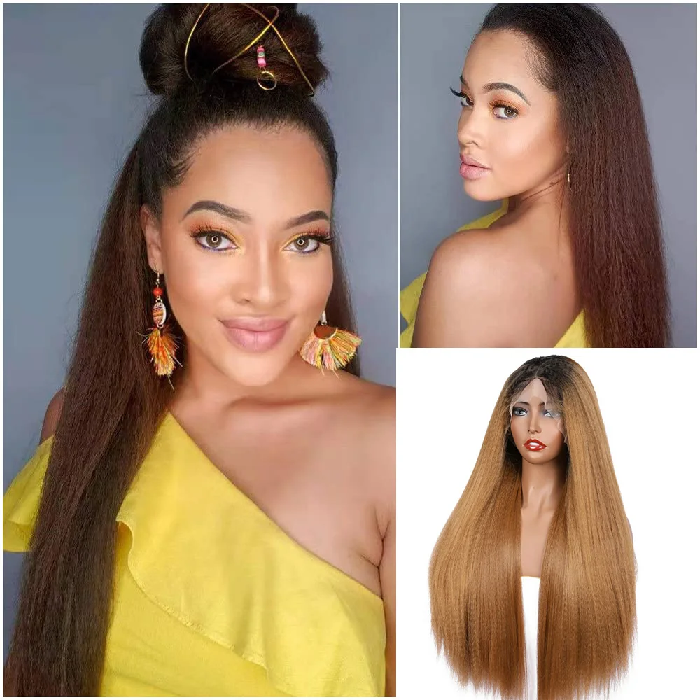 

Yaki OMbre Blonde 26 Inch Long Kinky Straight Synthetic Front Lace Wig For Black Women Babyhair Natural Hairline 180% density