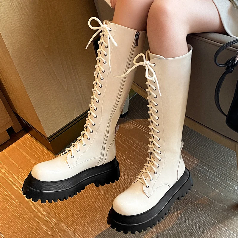 

Martin Lace-up Women's High White Real Leather British Shown Thin Knight Boot Thick Bottom Platform Knee Boots Botas