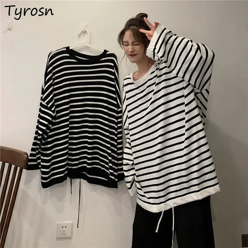 

Women Long Sleeve T-shirts Stripes Oversize Streetwear Bf Style Trendy Leisure Ulzzang Hipsters Simple Temperament All-match New