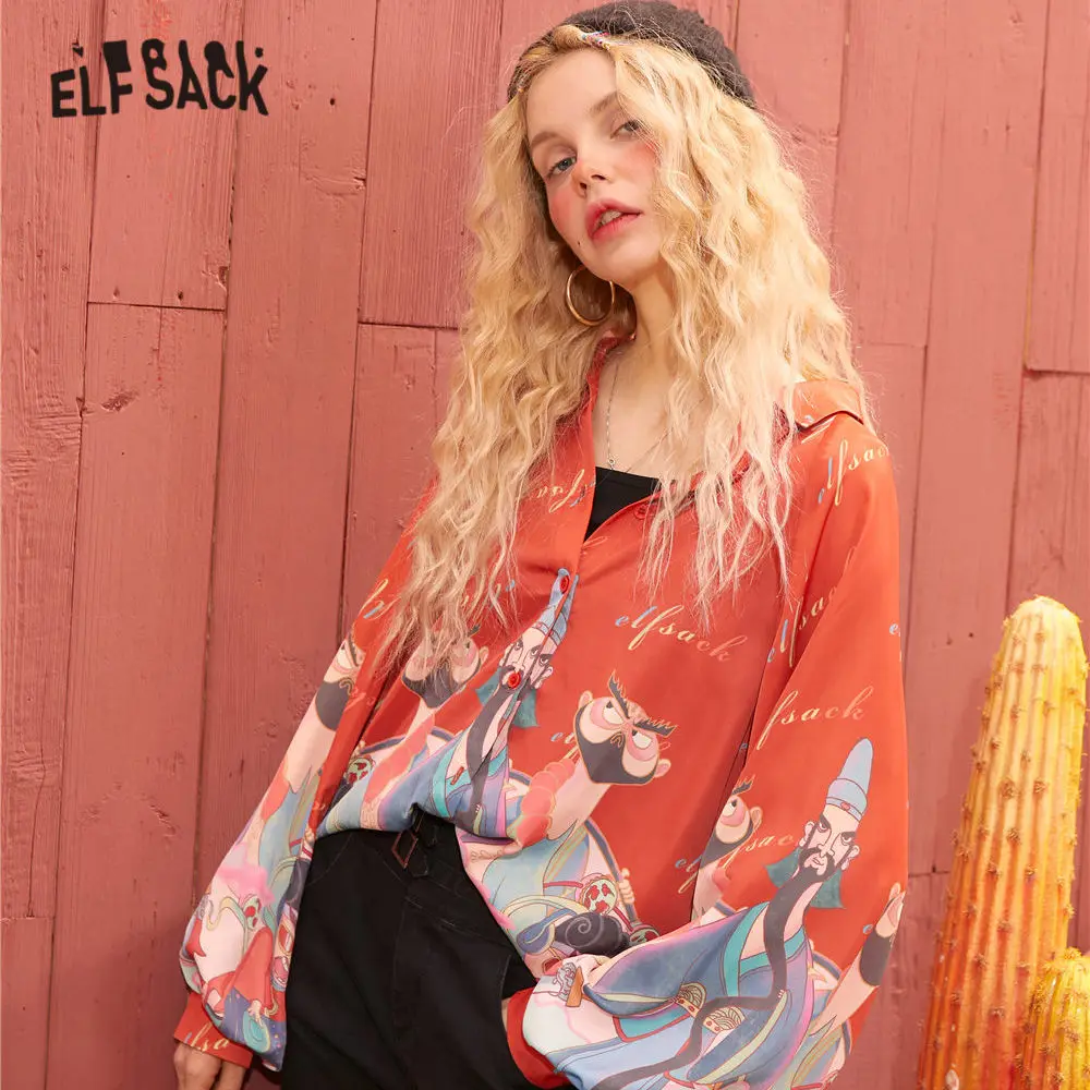 ELFSACK красная Повседневная шифоновая блуза с мультяшным принтом в китайском стиле