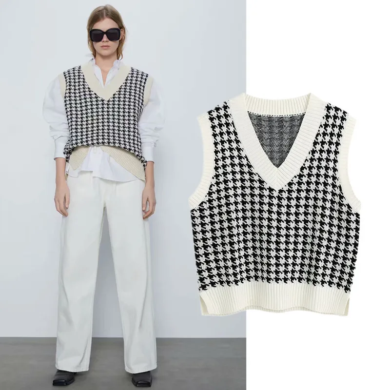 

2021 Brand High-End Fashion Overs ized Knitted Vest Sweater V-Neck Sleeveless Side Vents Loose Women's Vest Chic Top