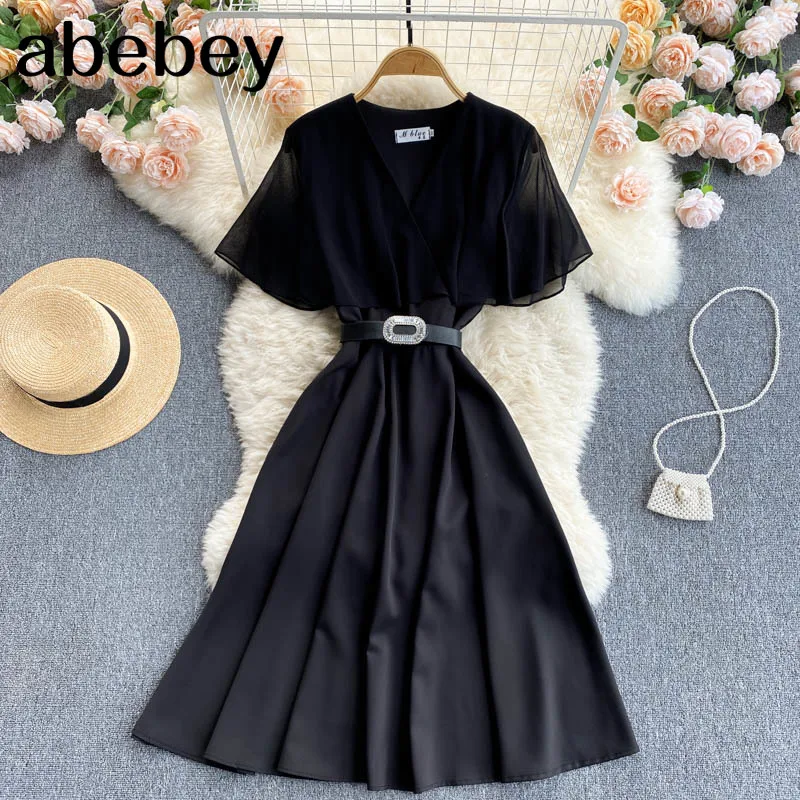

Women Elegant French Dress Summer Puff Sleeve V Neck Solid A-line Office Dresses Fashion Streetwear Midi Dress
