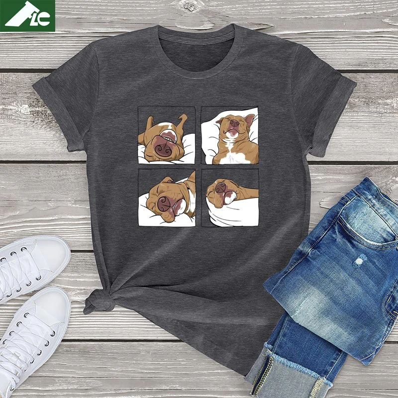

FLC Cotton Women's T Shirts Off White Kawaii Pitbull Lazy Gift for Dog Love Unisex T-Shirt Women Clothes Graphic Tee Blouses Top