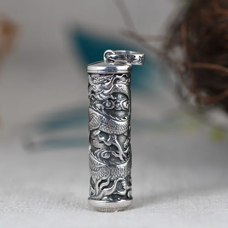 

Открытое женское серебряное Винтажное колье с гравировкой дракона кулоны-трубочки памятное тибетское серебряное ювелирное изделие с урной