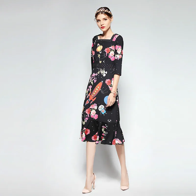Женское платье с длинным рукавом длинное квадратным вырезом юбкой годе принтом в