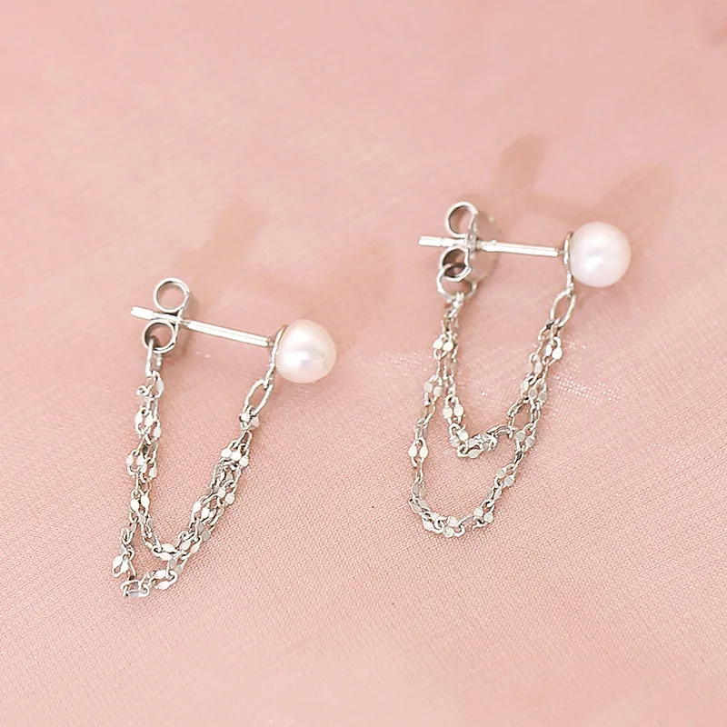 

925 Sterling Silver Tassel Round Pearl Bead Korean Stud Earrings For Women Wedding Jewelry Brincos Pendientes eh999