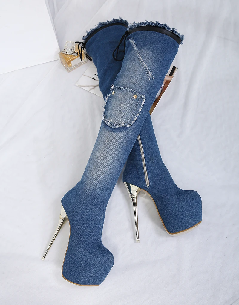 Bottines Femme/женская зимняя обувь; синие джинсовые сапоги выше колена; женские модные высокие сапоги; сапоги на платформе и каблуке 16 см; женские сапоги на высоком каблуке