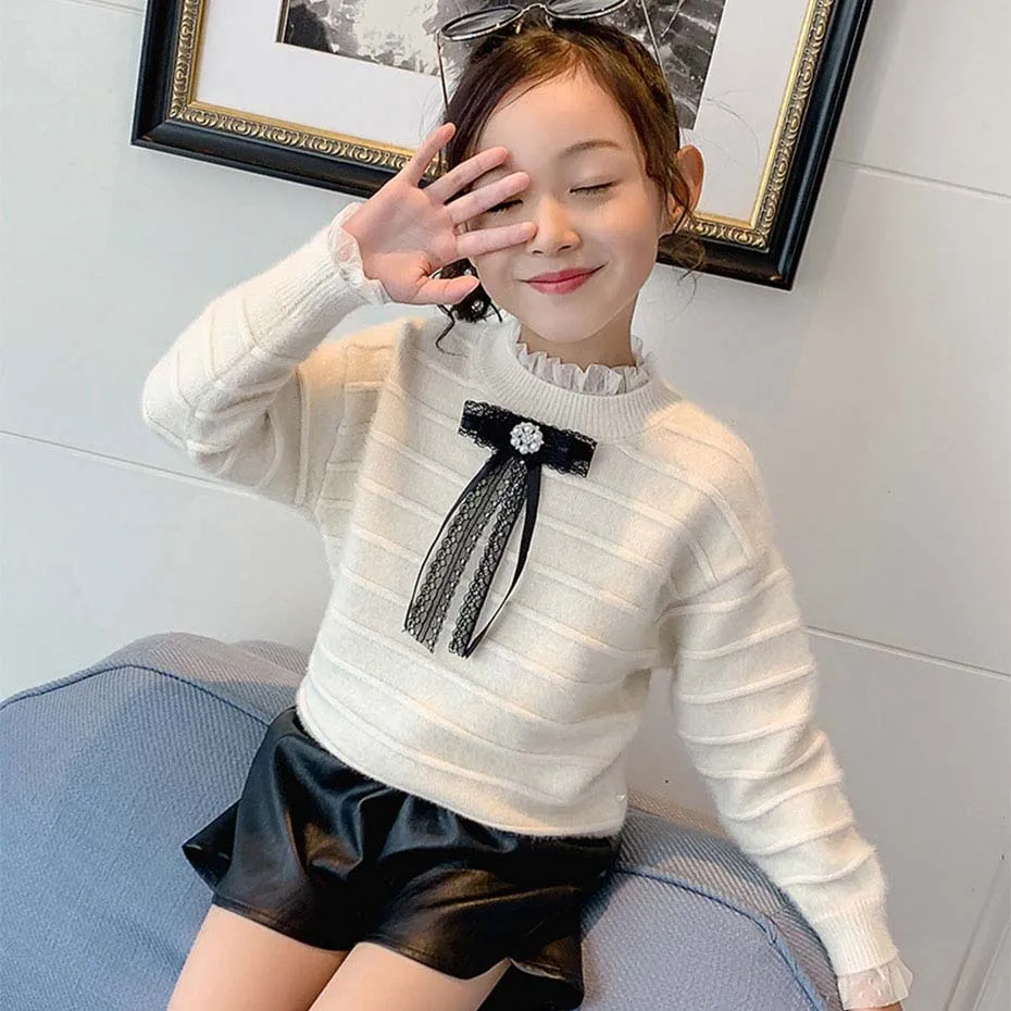 Свитер для девочек толстый теплый свитер-пуловер модный свитер с кружевным