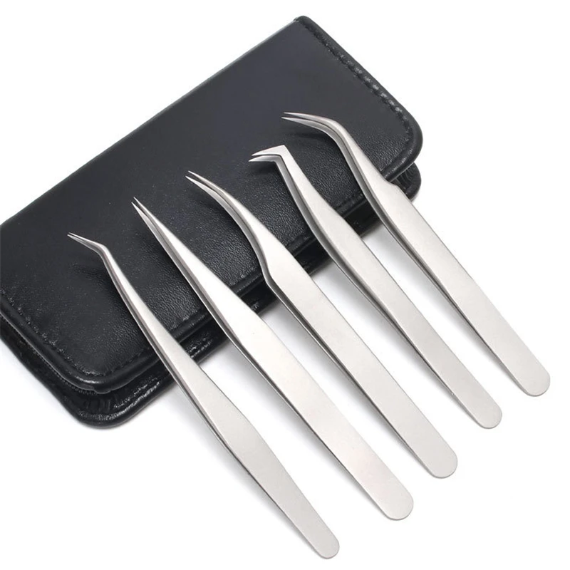 5pcs Stainless Steel Anti-Static Eyelash Tweezers Tool Kit With Leather Case Grafting Extension Eyebrow Forceps | Красота и здоровье