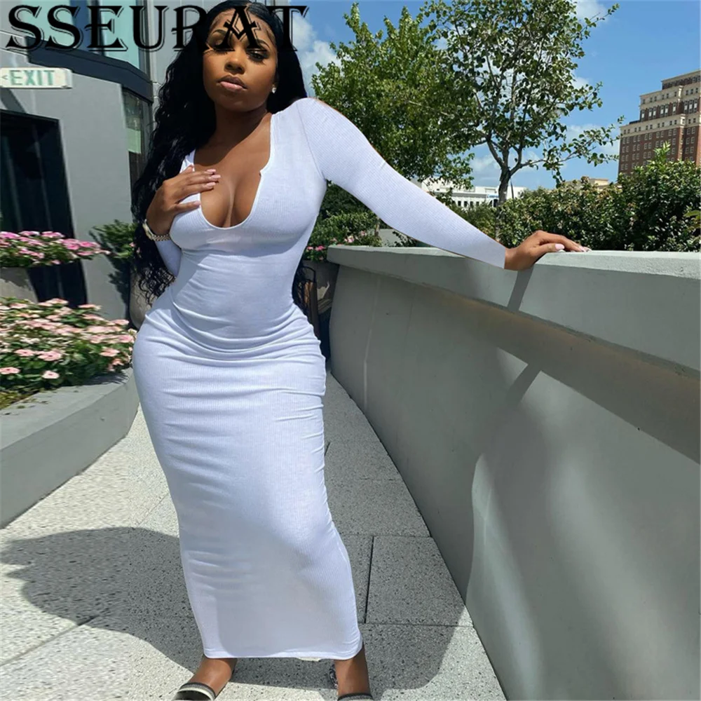 

SSEURAT Knitted Women Pure Long Sleeve Long Dress V Neck Bodycon Sexy Streetwear Party Elegant 2022 Autumn Slim Clothes