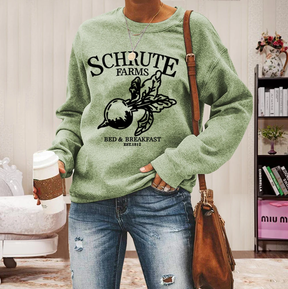 

Women Crewneck Sweatshirt Winter Long Sleeve Top Oversized Hoodies Schrute Farms Bed Breakfast Radish Graphic Hoodies Pullover