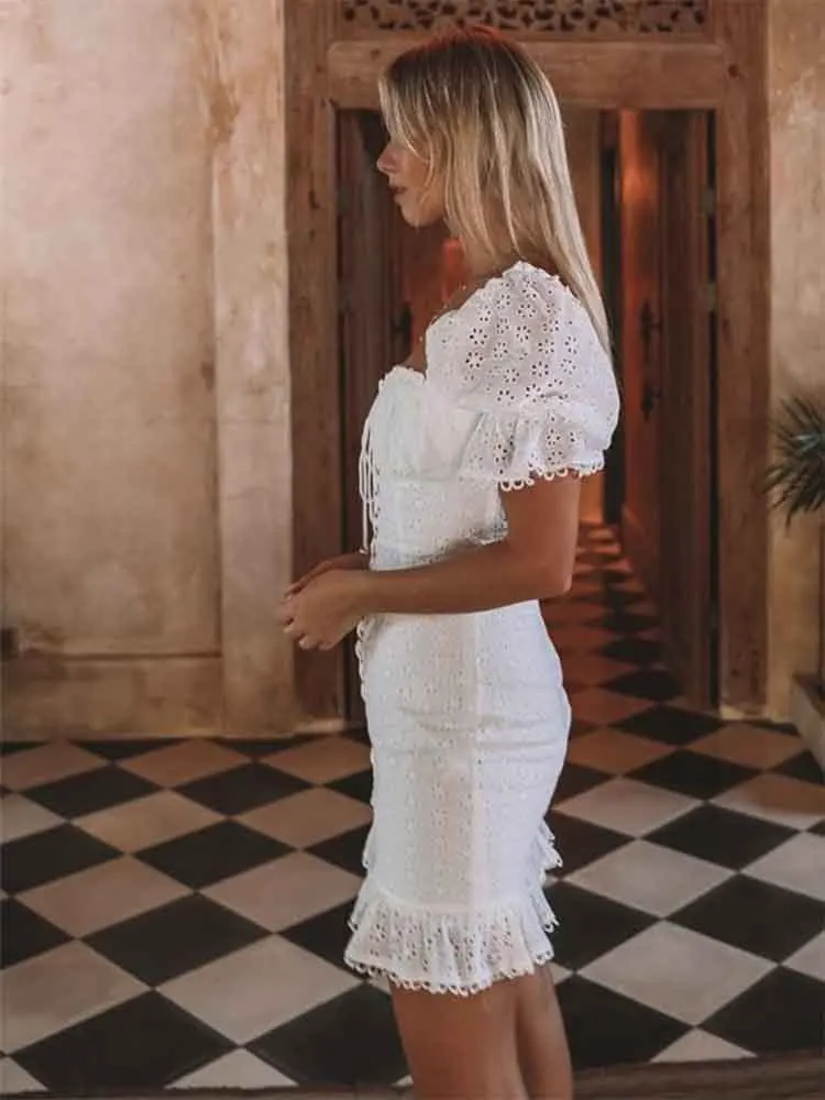 yinlinhe Hollow Out White Lace Dress Women Short Sleeve Up Sexy Bodycon Summer Backless Cotton Party Vestidos 1268 | Женская одежда