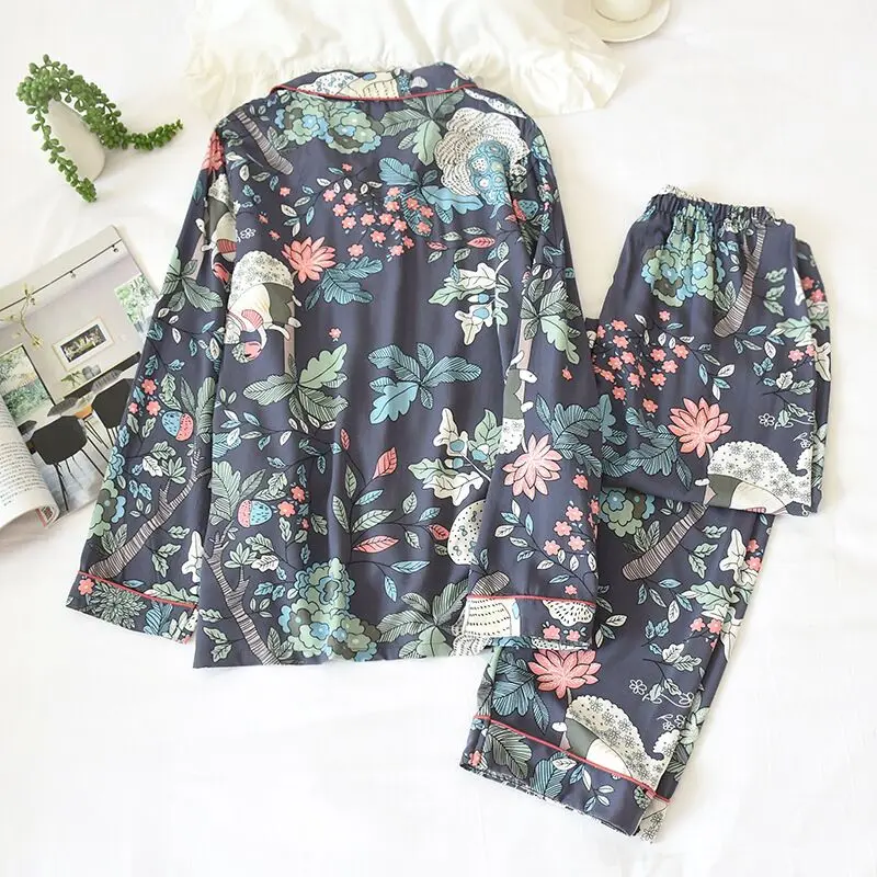 Весенне летние тонкие модные хлопковые атласные пижамы с принтом в стиле ретро