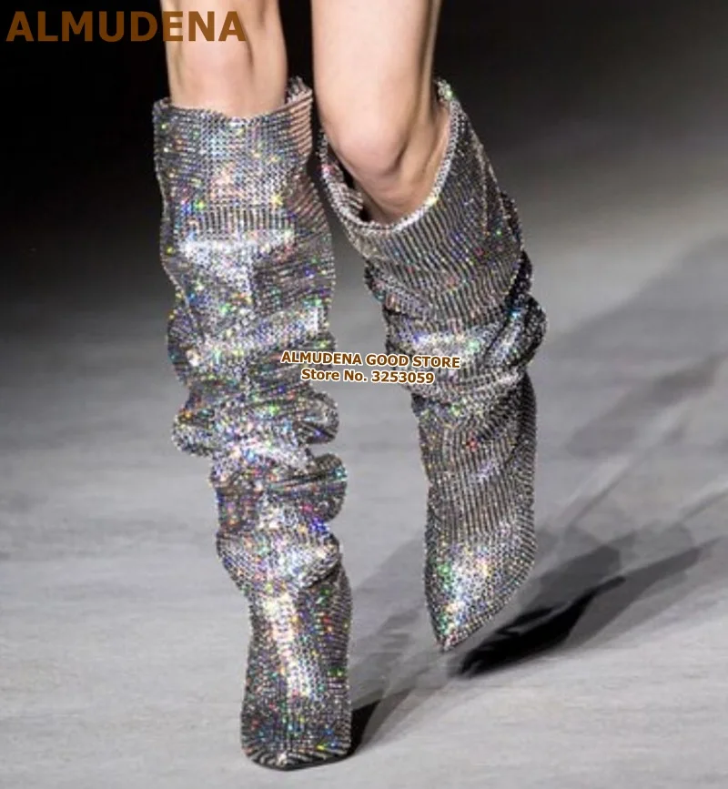 

ALMUDENA Top Brand Spike Heel Bling Bling Nightclub Tall Boots Luxurious Knee High Loose Folded Wedding Banquet Shoes Long Boot