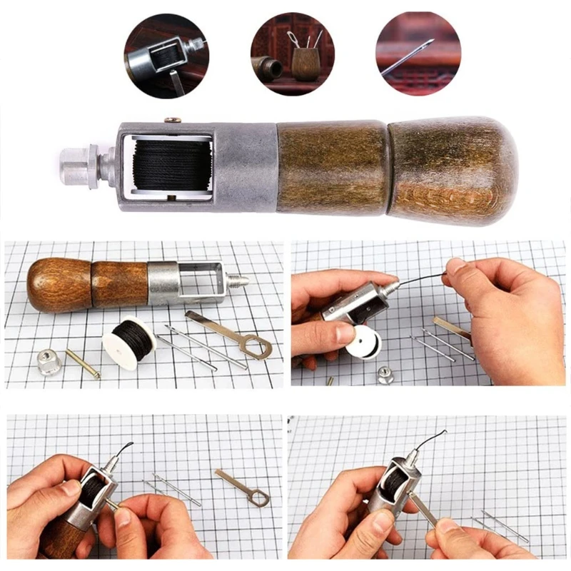 

4 Pieces Leather Sewing Awl Kit Hand Stitcher Hand Awl Tool 2 Sizes Needles Stitching Awl Tool Kit Leather Supplies T5UC