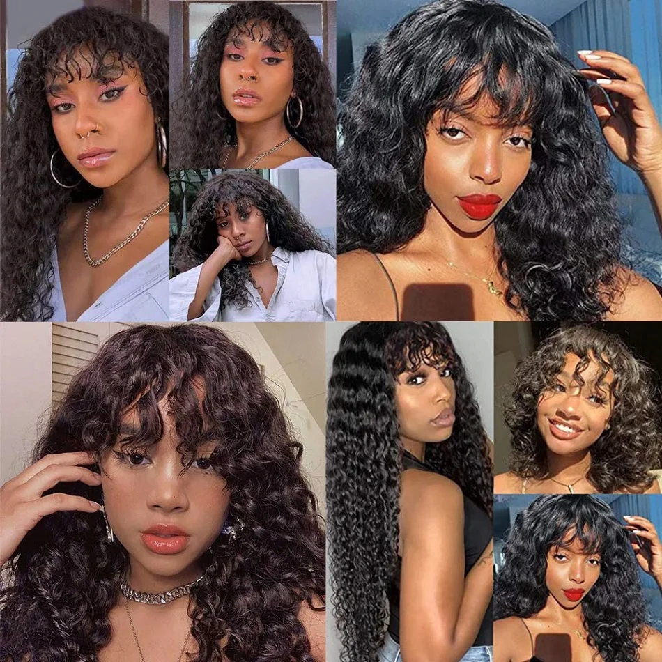 

8-30 Inch Water Wave Full Machine Made Human Hair Wigs Natural Color Bralizian Remy Hair Water Curly Fringe Wigs With Bangs