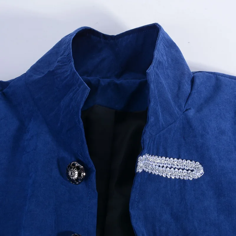Puimentiua Male Slim Single Breasted Long Blazers Stand Collar Vintage Outwear Patchwork Jackets Gothic Coat blaser masculino