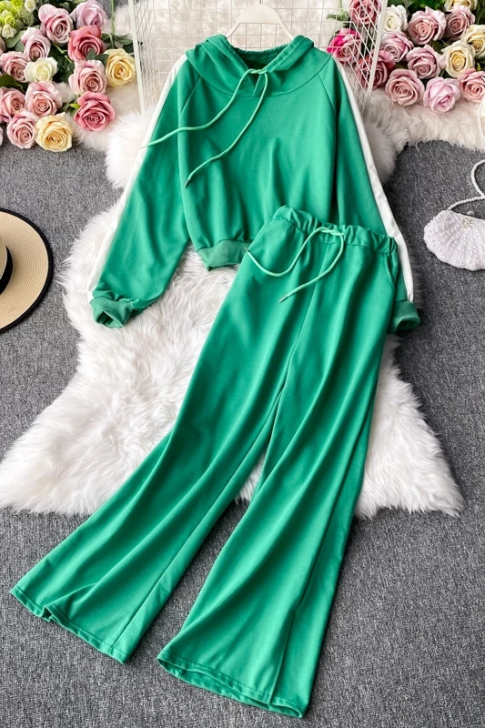 

Autumn 2020 hooded color contrast Lantern Sleeve Sweater Top + high waist split wide leg pants sports two piece suit for women