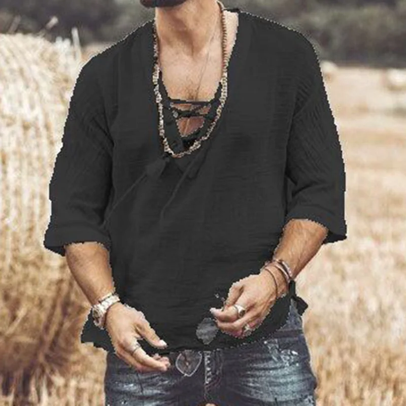 

Summer Men's Hollow Out Linen Shirt Male Sexy Deep V Neck Bandage T shirts Casual Solid Color Slim Fit Hip-Hop Top Tees