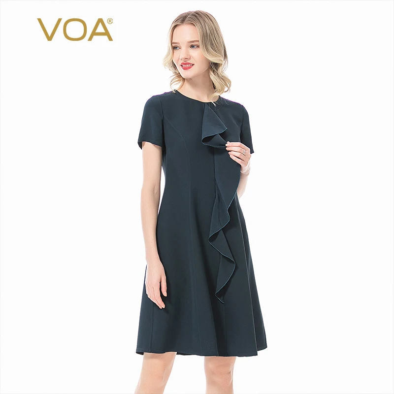 

VOA Silk 34m/m Midnight Navy Blockbuster Boat Neck Flap Irregular Sheet Collage Self-Short-Sleeve Dress Summer 2021 A91
