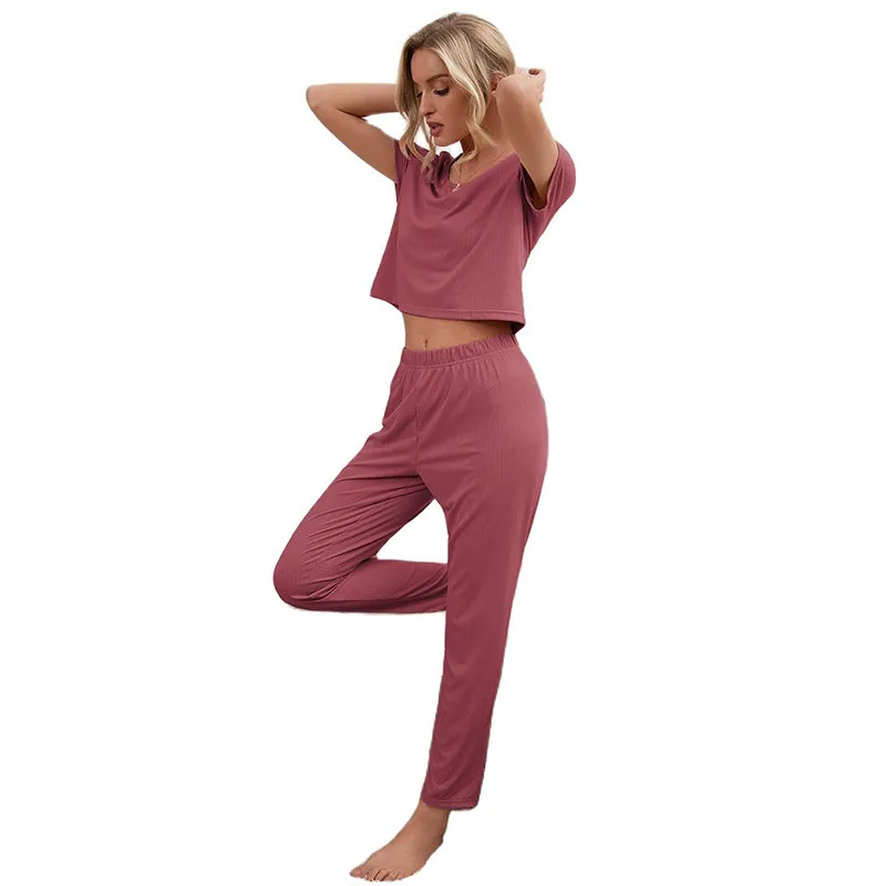 

Женский комплект из 2 предметов, короткий топ в рубчик с круглым вырезом и длинные штаны, осенний спортивный костюм с коротким рукавом, Y2K