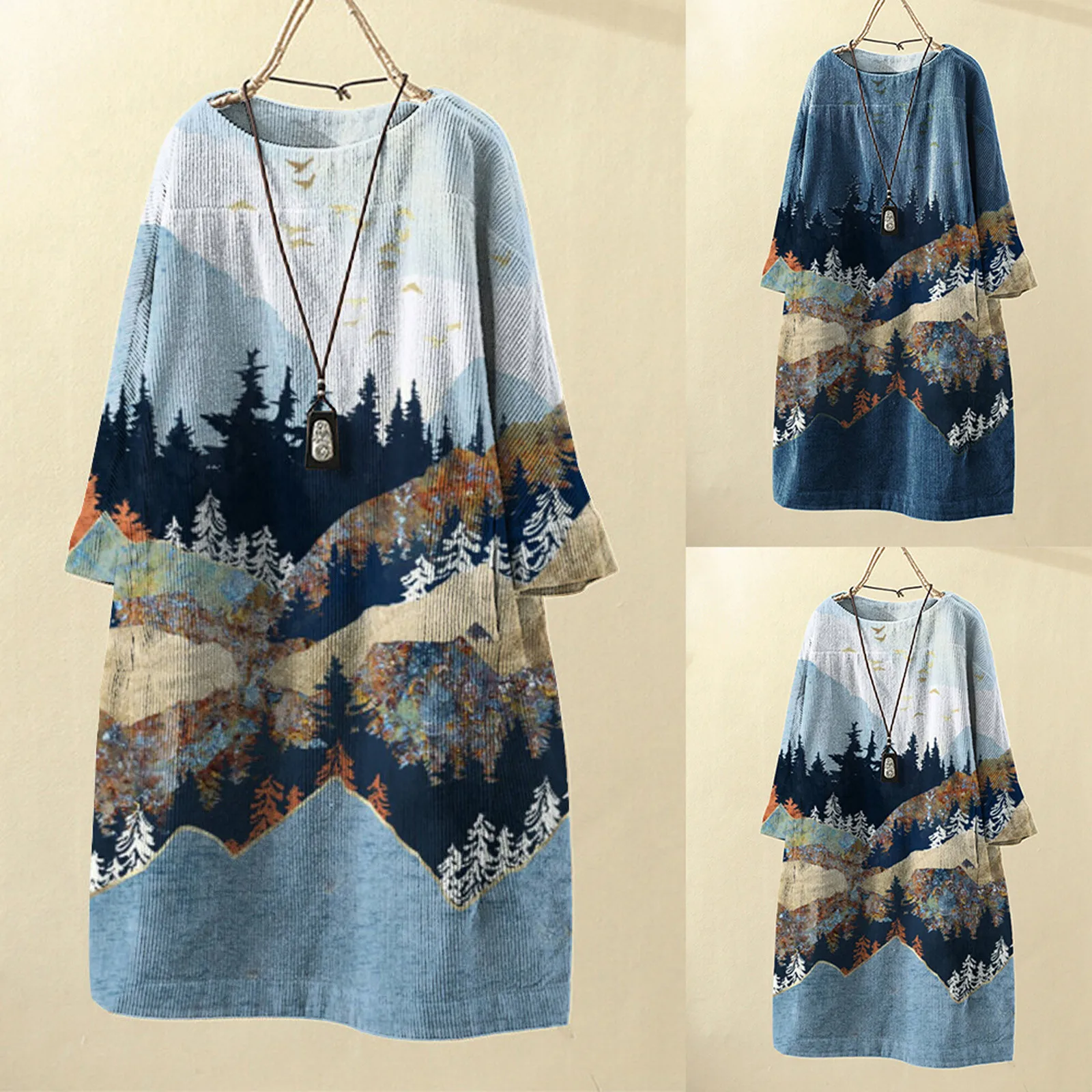 

Женские винтажные платья с карманами, Вельветовая одежда в стиле Харадзюку, одежда с длинным рукавом и ландшафтным принтом, свободные плать...