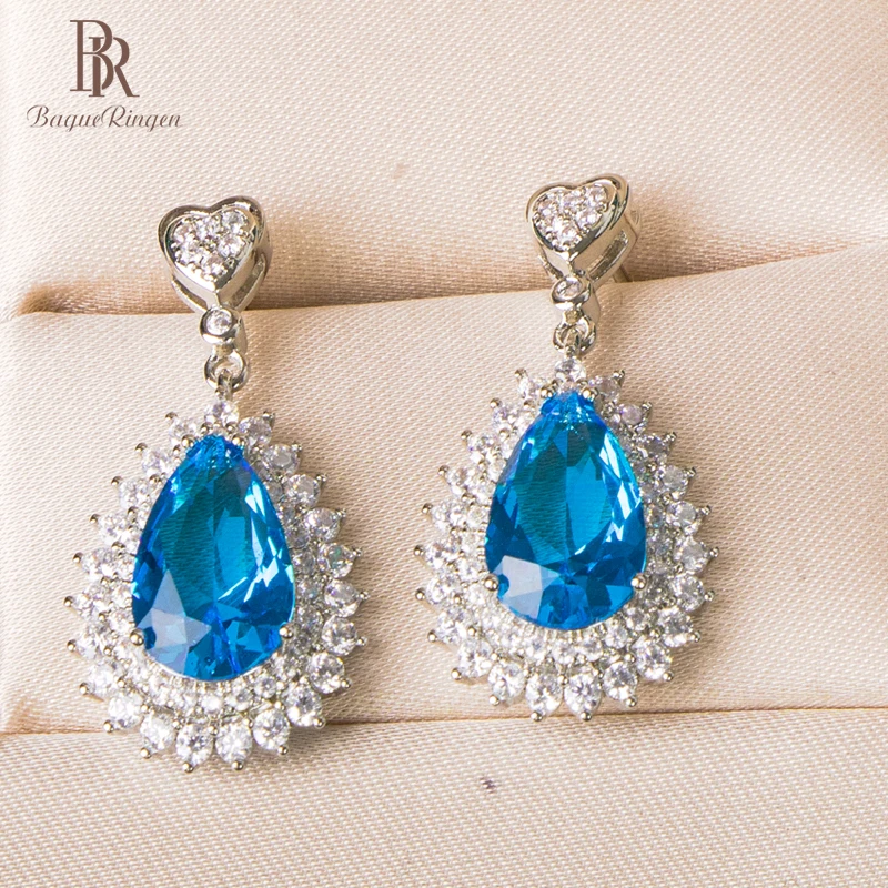 

Bague Ringen 925 sterling silver drop earrings for charm women with 8*12mm water drop shape sapphire gemstone 5A zircon Jewerly