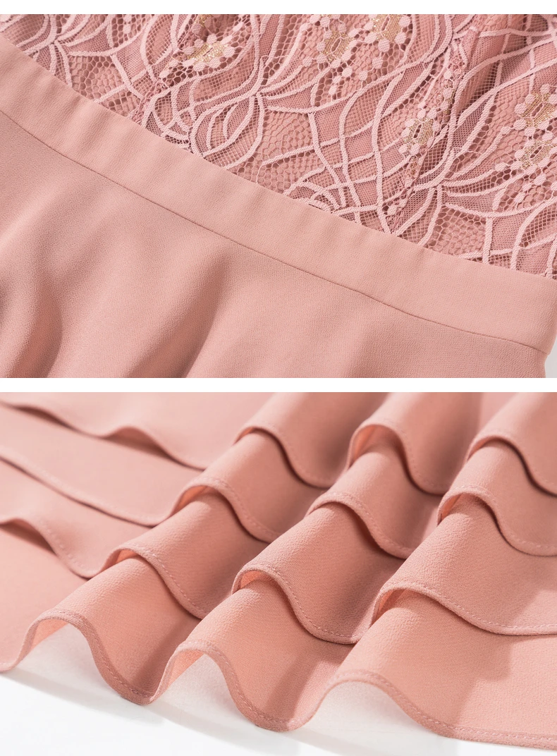 

2021 New Fashion Pink Chiffon Dress Summer Women Clothing Waist Lace Stitching A Line