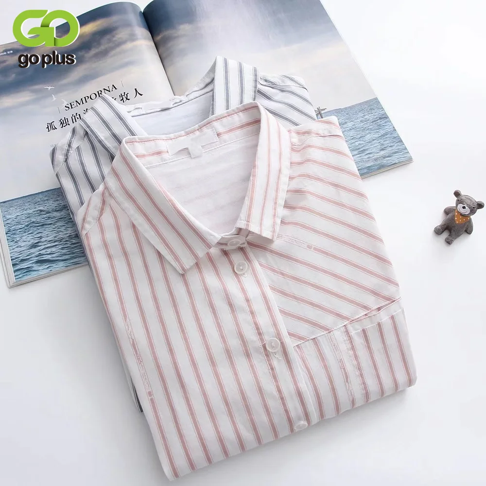 Женская рубашка в полоску GOPLUS хлопковая блузка с длинным рукавом и подолом