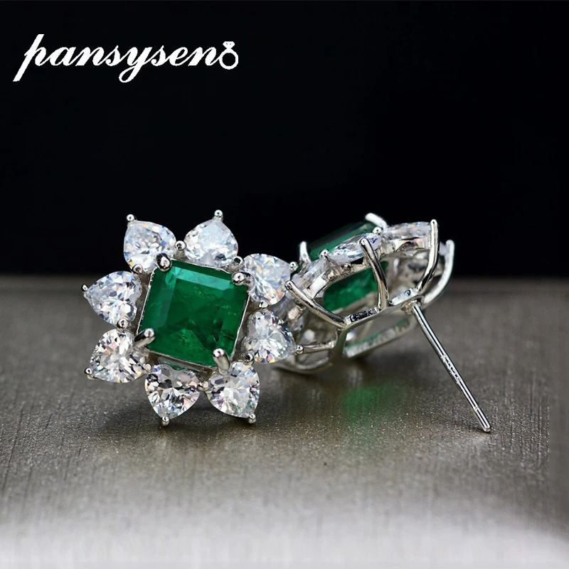 

PANSYSEN Vintage 7MM Emerald Earrings for Women Solid 925 Sterling Silver fashion Jewelry Anniversary Party Earring Gift