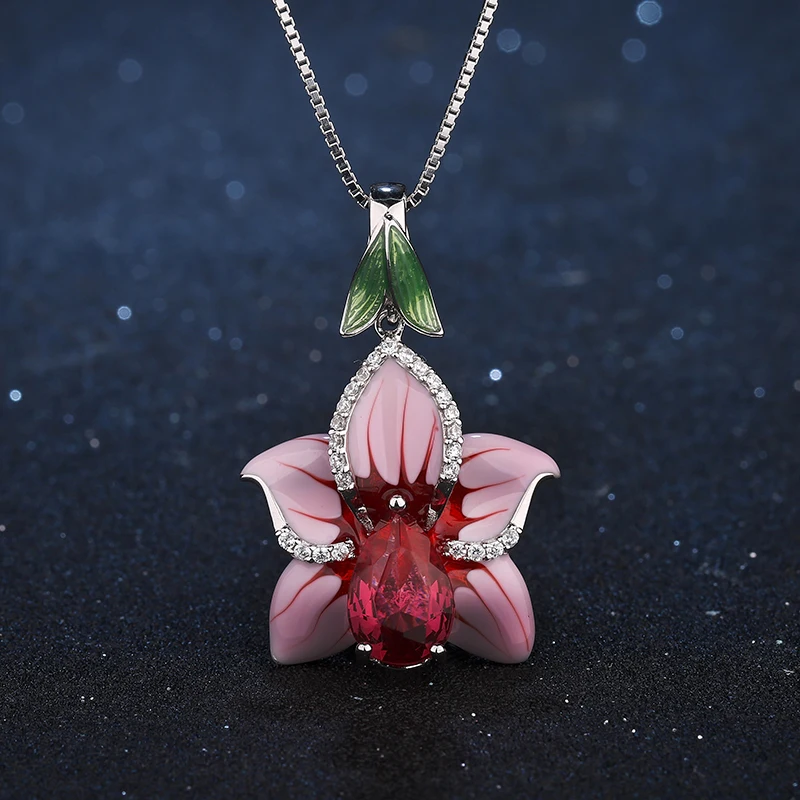 

Valentine's Day Gifts 925 Silver Pink Flowers Pendant Fashion Jewelry Exquisite Enamel Flaming red AAA Zircon Necklace For Women