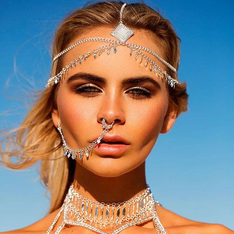 

Nose Ring Chain Fashion Piercing Body Jewelry Ear Nose Studs With Sequin Tassel Link Chain Geometric Personality Punk Earrings