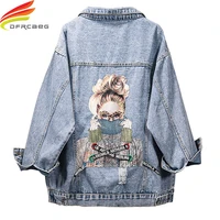 back pattern printed womens denim jackets 2020 autumn ripped holes jean coat patchwork bf style jeans coats and jackets